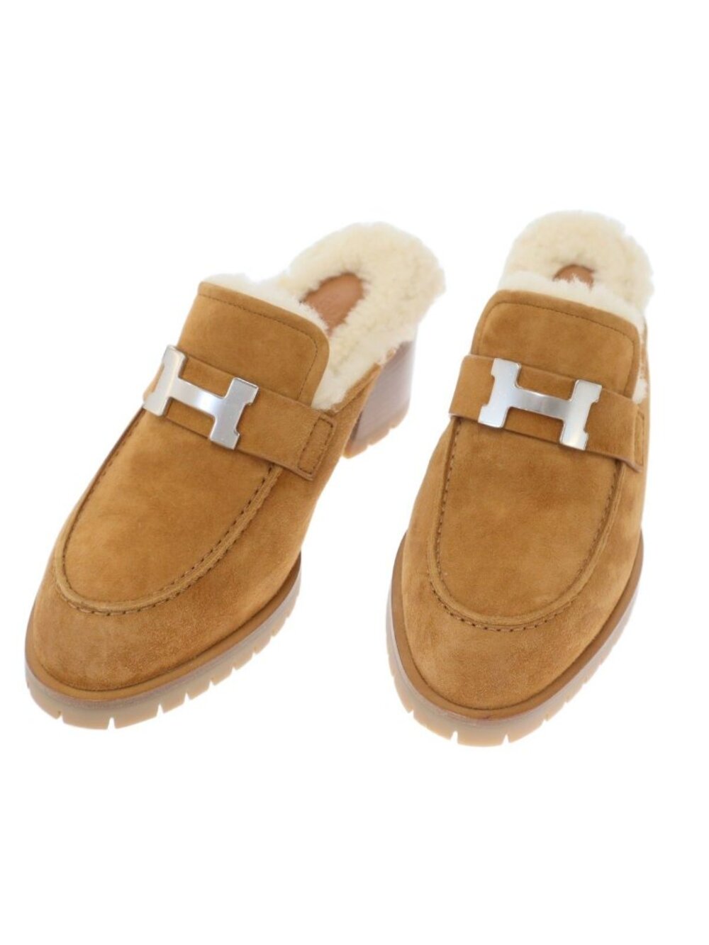 Hermes Flore 60 Flor Suede Leather Shearling Sandals Camel Brown